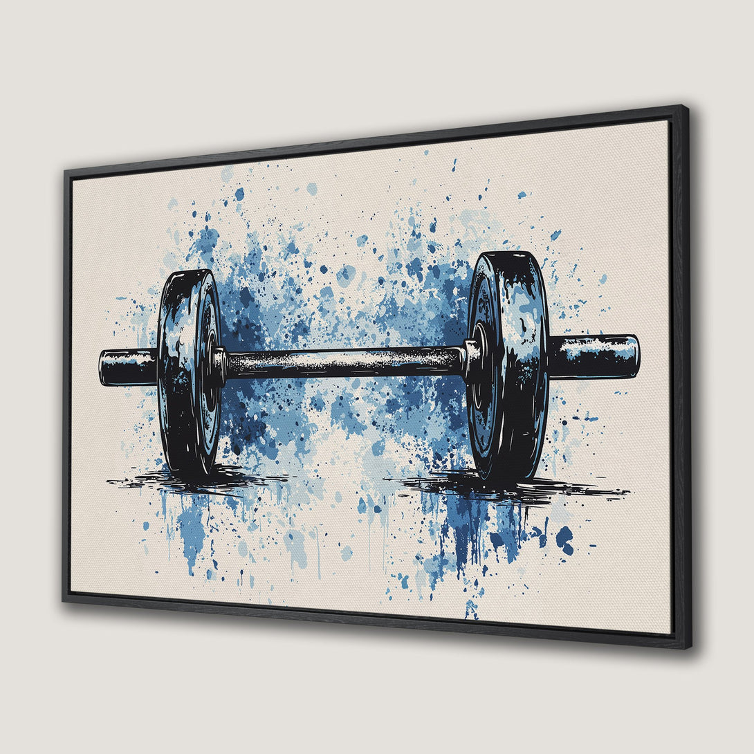 Framed Wall Art: Abstract barbell art with blue watercolor splashes. Modern fitness decor in a cool blue and neutral palette. Perfect gym wall art.