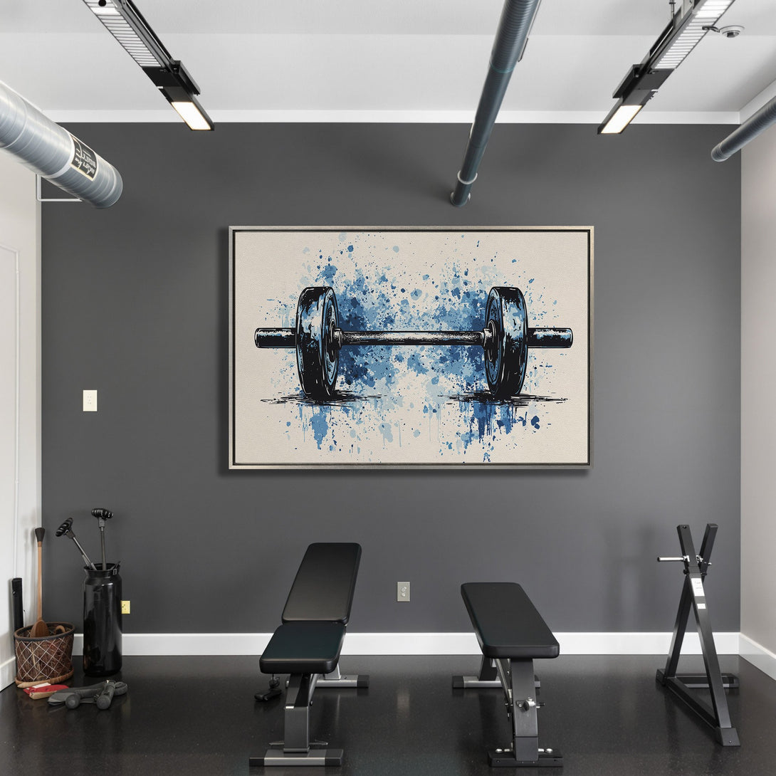 Framed Wall Art: Abstract barbell art with blue watercolor splashes. Modern gym decor, neutral tones. Elevate your space with this unique Canvas Print!