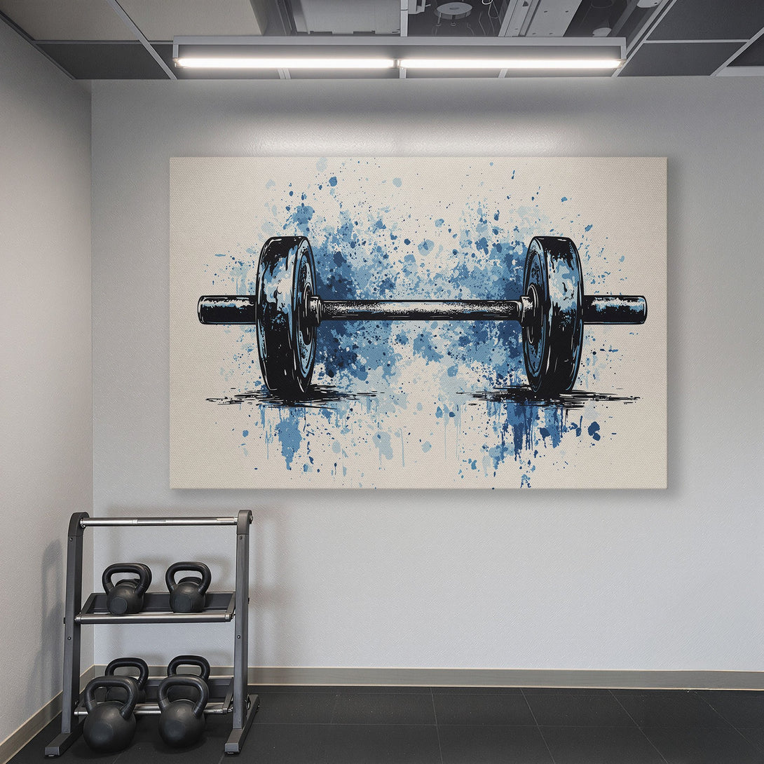 Framed Wall Art: Abstract blue barbell art canvas print in a home gym. Modern style, blue and neutral color palette. Perfect for fitness enthusiasts!