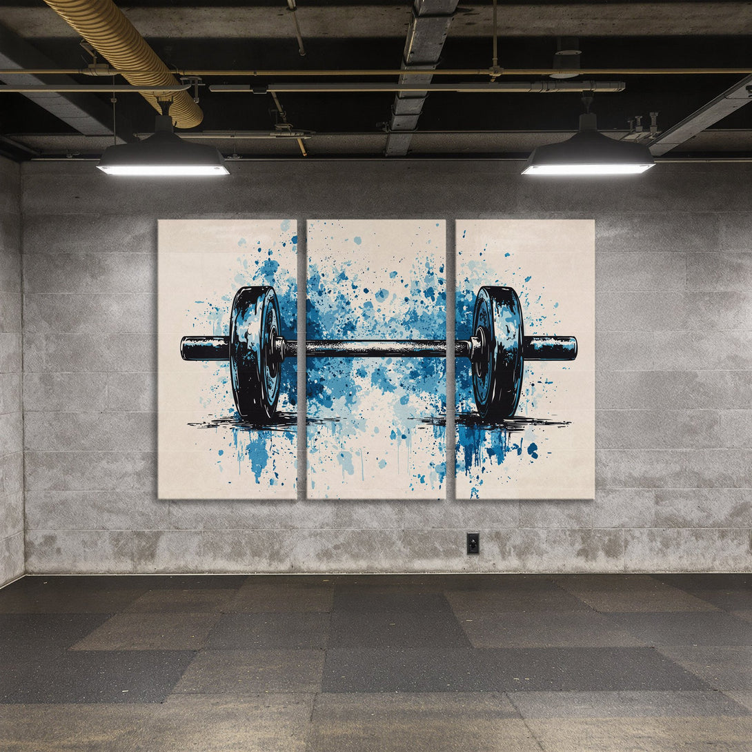 Canvas Print of a barbell, abstract style with blue and black accents on a neutral background. Modern gym decor.