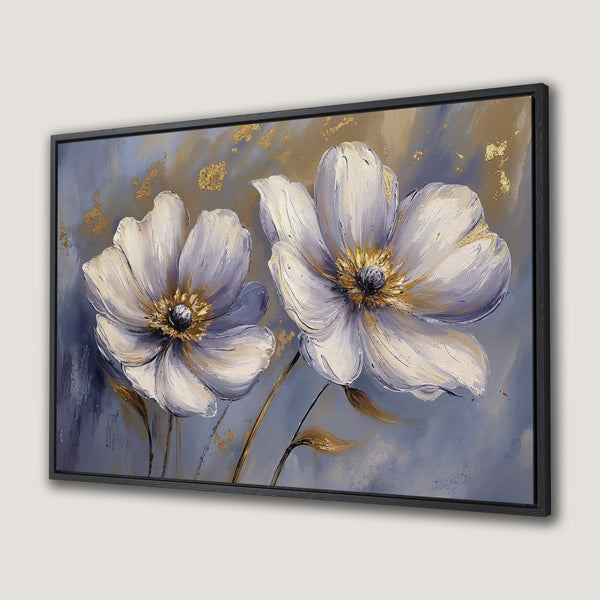 Framed Wall Art featuring elegant white floral painting with gold accents. Serene, modern art in a calming blue and gold color palette. Perfect home decor.