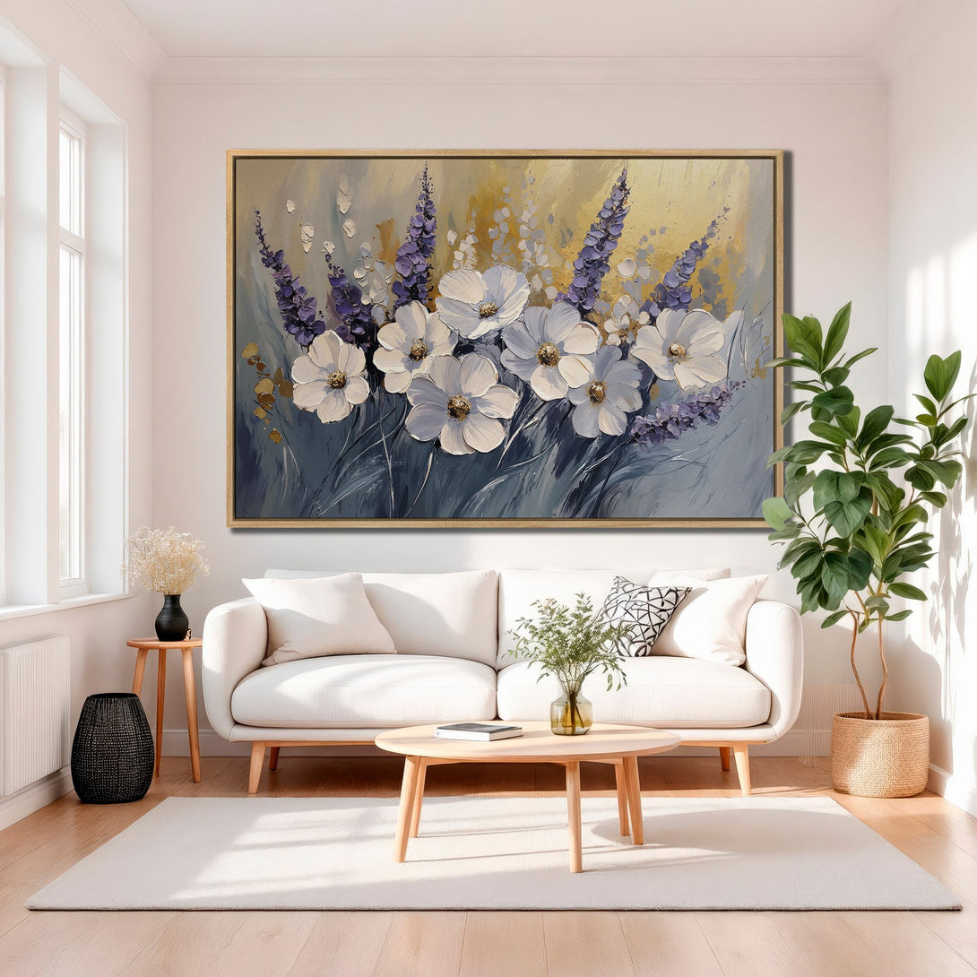 Framed Wall Art: Stunning floral Canvas Print in a modern interior. Features white flowers & purple accents on a soft, neutral background. Elevate your space!