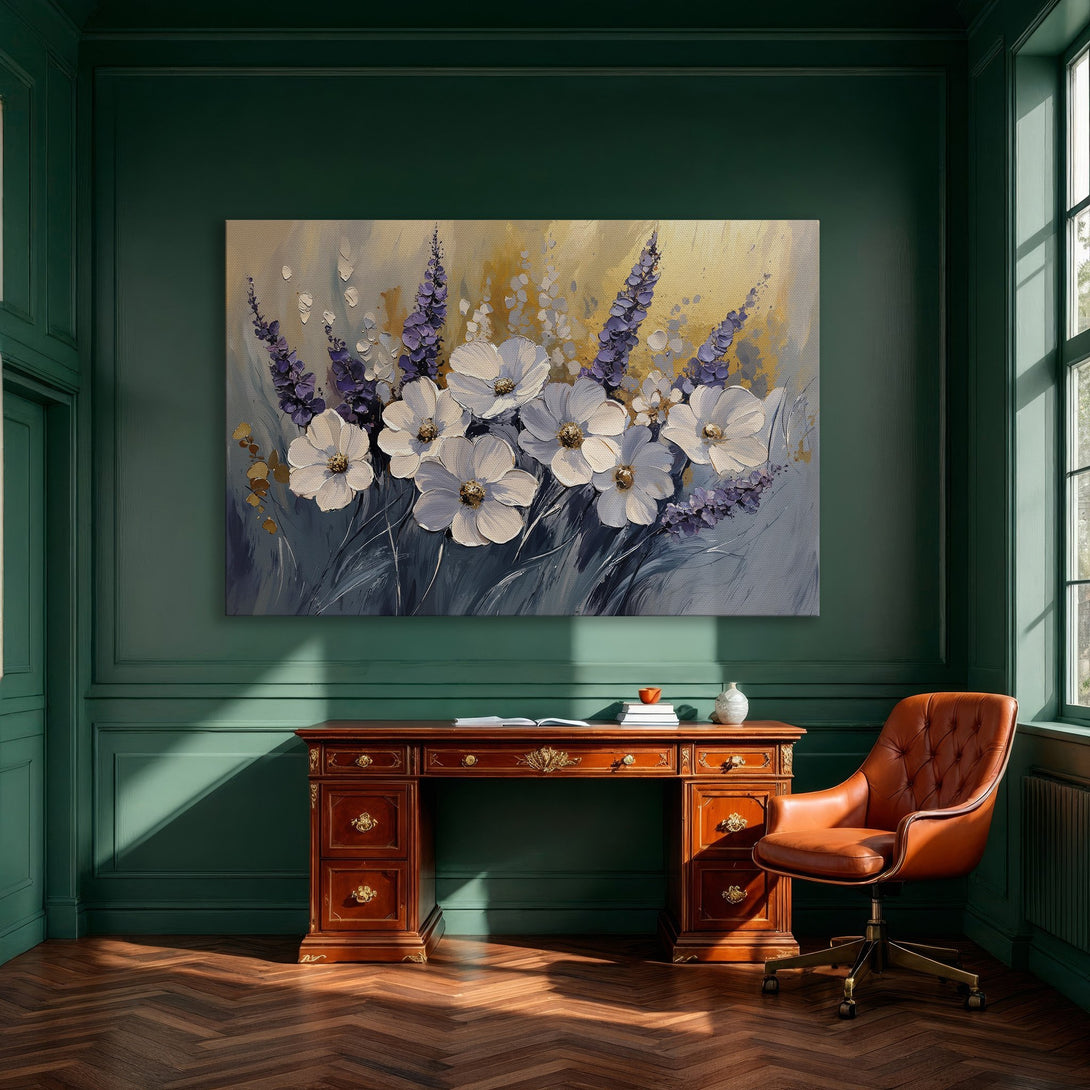 Framed Wall Art: Stunning floral canvas print in a modern style with a gold, blue, and white color palette. Perfect for adding elegance to any space.