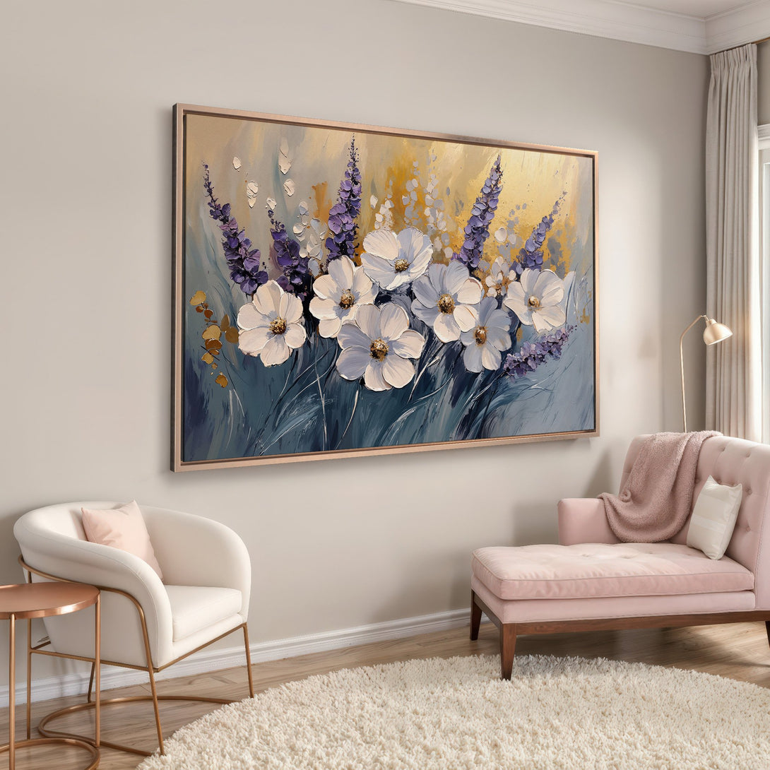 Framed Wall Art featuring a floral painting with white and purple blooms. Soft, muted color palette complements the interior design.