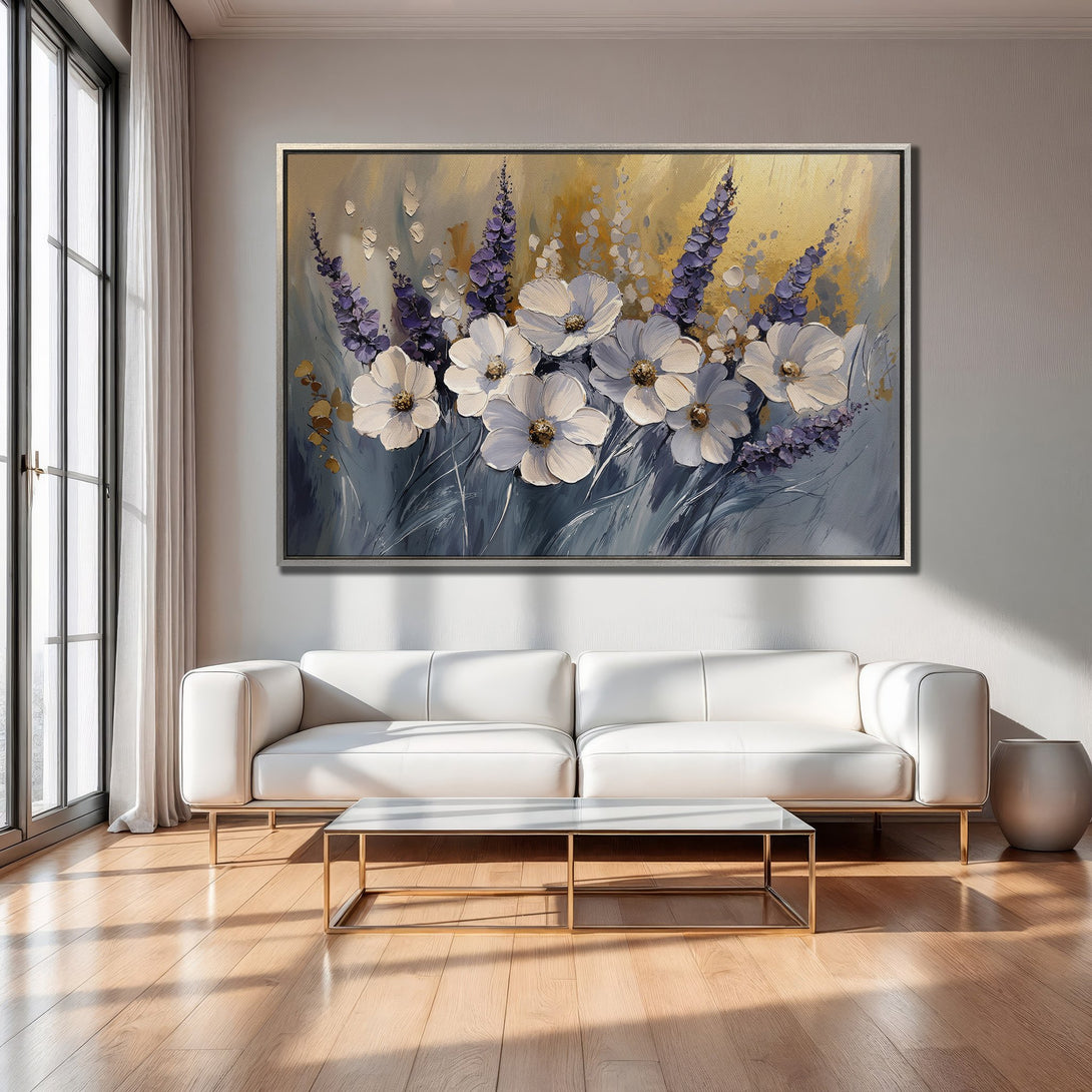 Framed Wall Art: Floral abstract painting in white, purple, and gold. Modern Canvas Print adds elegance to living room decor.