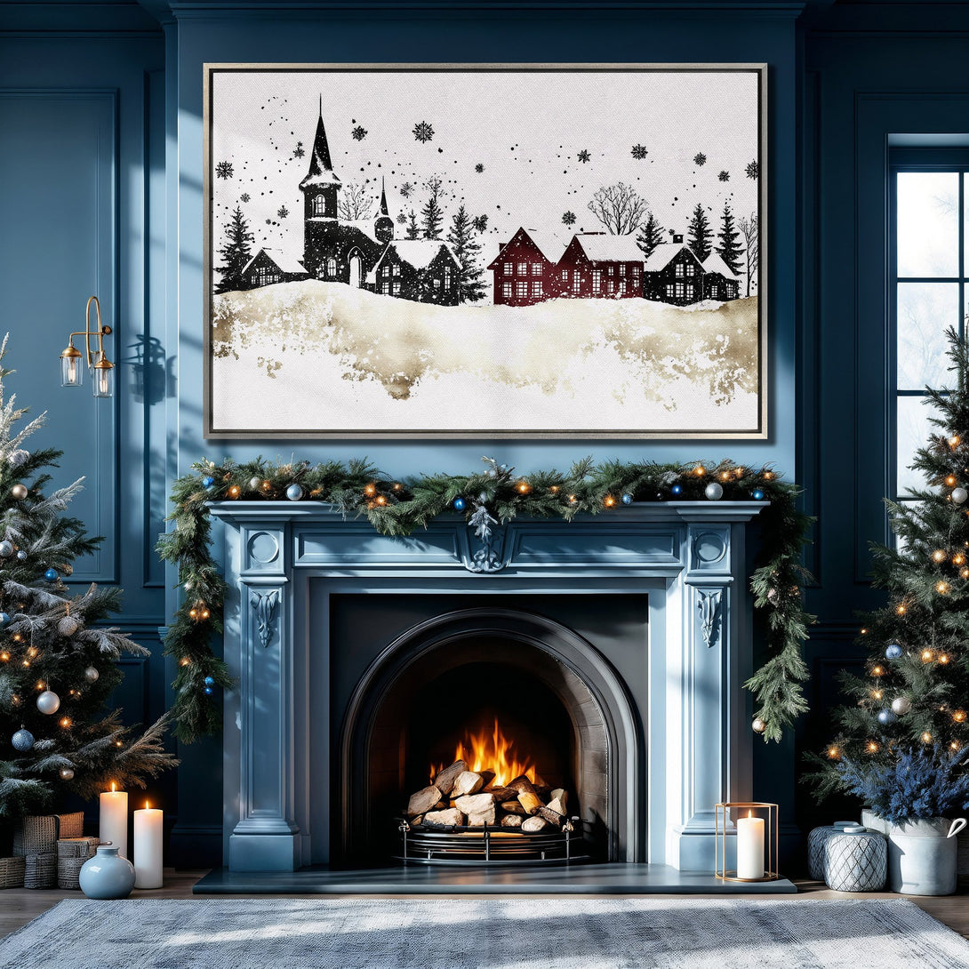 Framed Wall Art: Winter village scene in black, white, and red. Cozy holiday decor with a blue and gold color palette, perfect for adding warmth to your home.