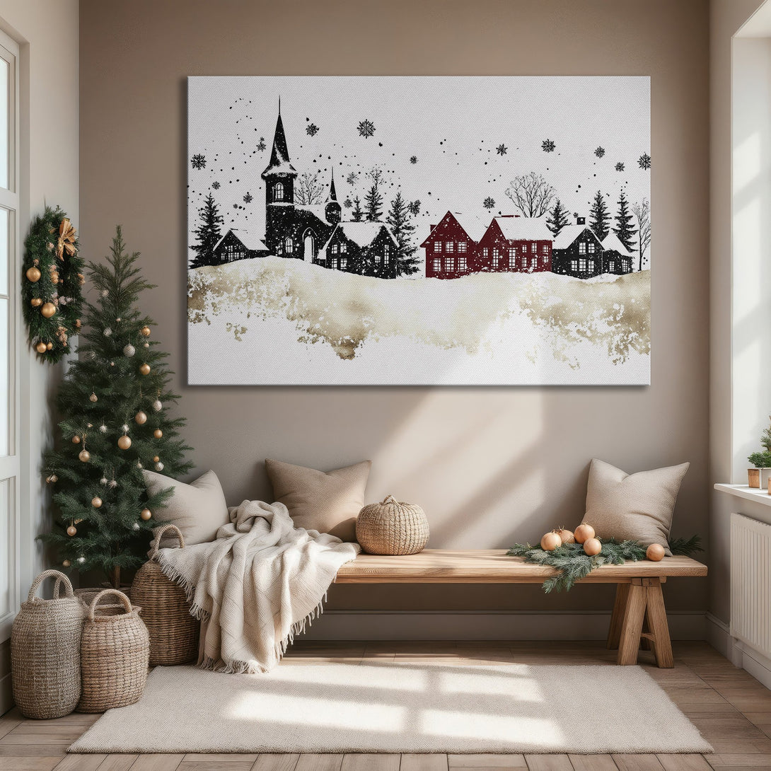 Framed Wall Art: Winter village scene in black, red, and gold. Modern Canvas Print adds cozy holiday charm to your home decor.