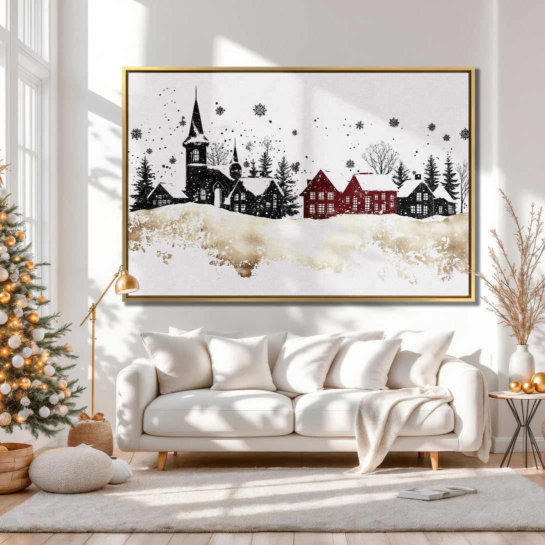 Canvas Print of a winter village scene in black, white, and red. Rustic style wall art perfect for holiday decor.