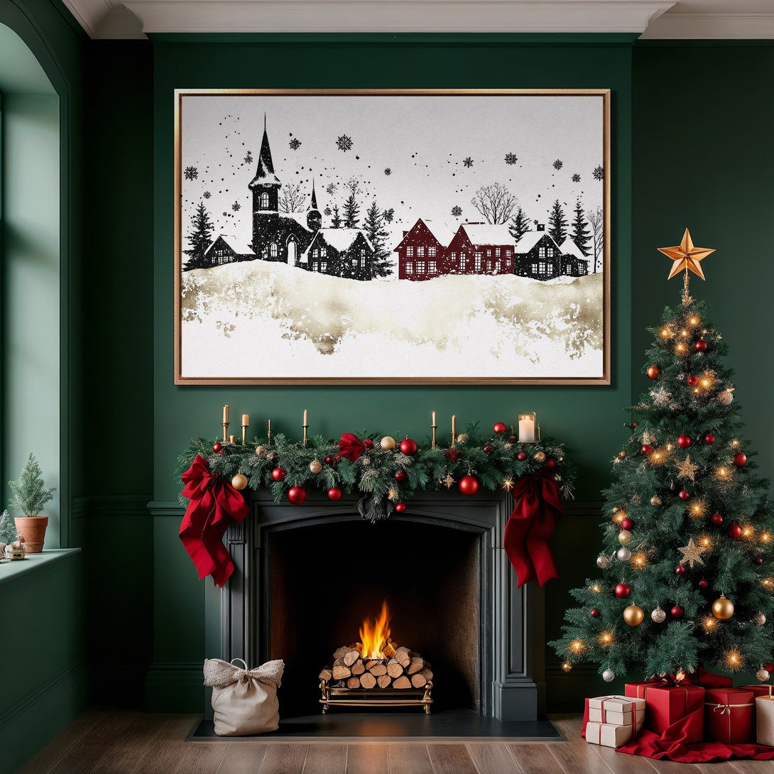 Framed Wall Art Canvas Print: Winter village scene in black, red & gold. Cozy holiday decor for your home. Shop now!