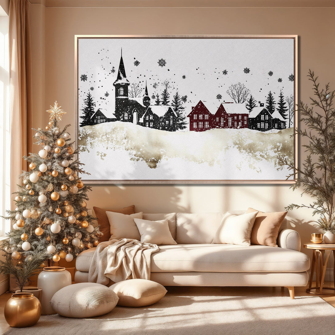Framed Wall Art: Winter village scene in black, white, and red. Cozy interior decor, perfect for Christmas. Add warmth and style to your home.