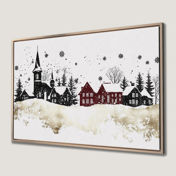 Framed Wall Art: Winter village scene in black, red, and gold. A cozy, artistic canvas print for your home decor.