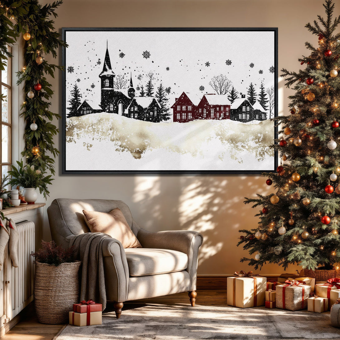 Framed Wall Art: Winter village scene in black, white, and red. Perfect for Christmas decor! Adds cozy charm to any room. Shop now!