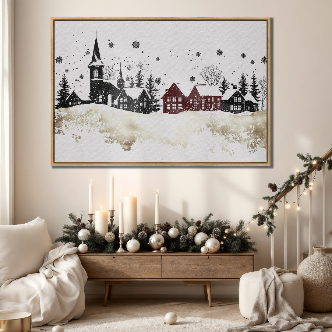 Framed Wall Art: Winter landscape Canvas Print with black, red, and gold color palette. Perfect for adding a cozy, festive touch to your home decor.