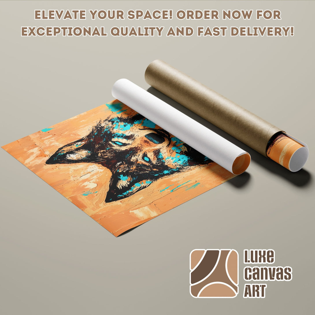 Abstract animal art Poster Roll in warm orange, brown, and teal tones. Elevate your space with Luxe Canvas Art!