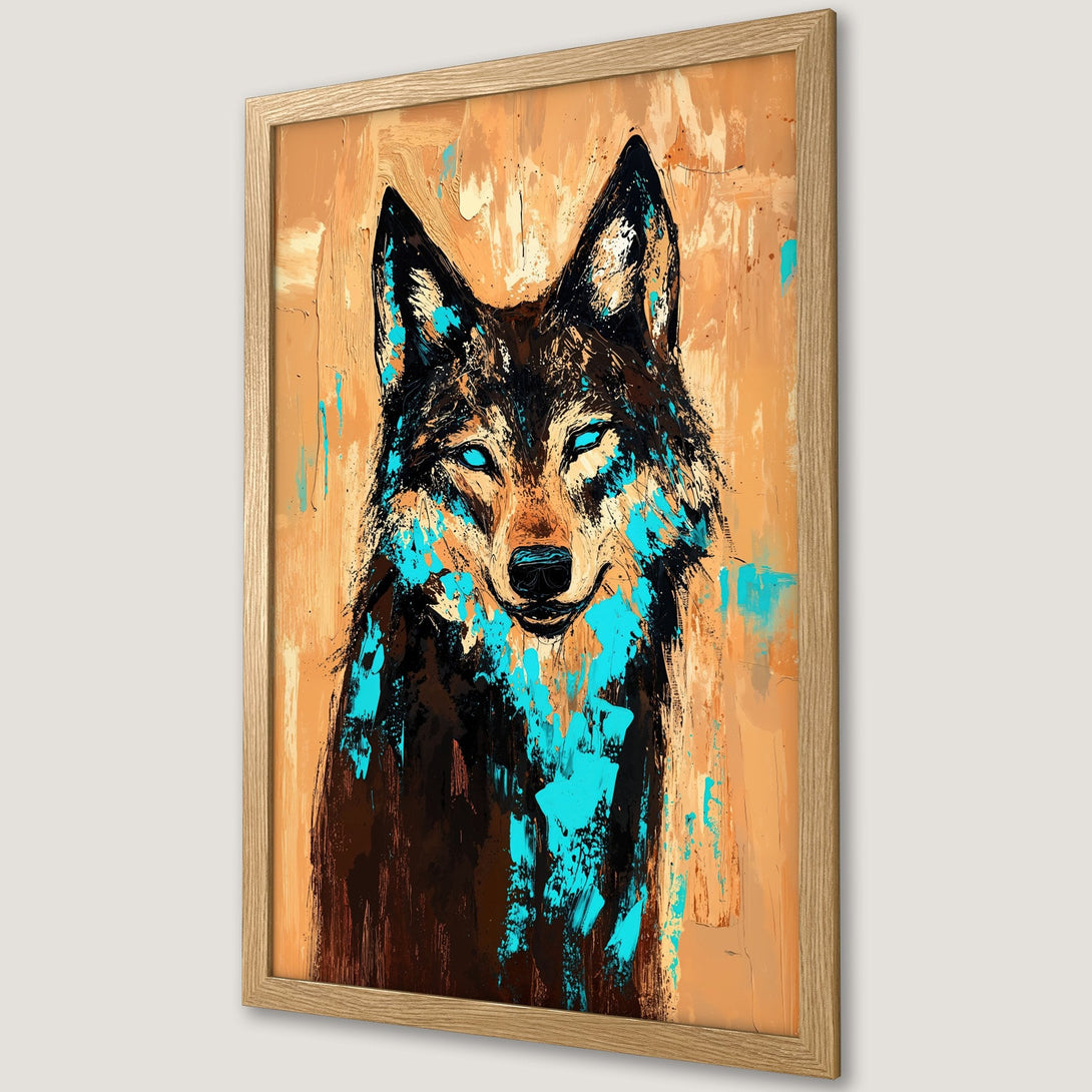 Framed Poster featuring a wolf in an abstract, expressive style with a brown, teal, and orange color palette. Perfect wall art!
