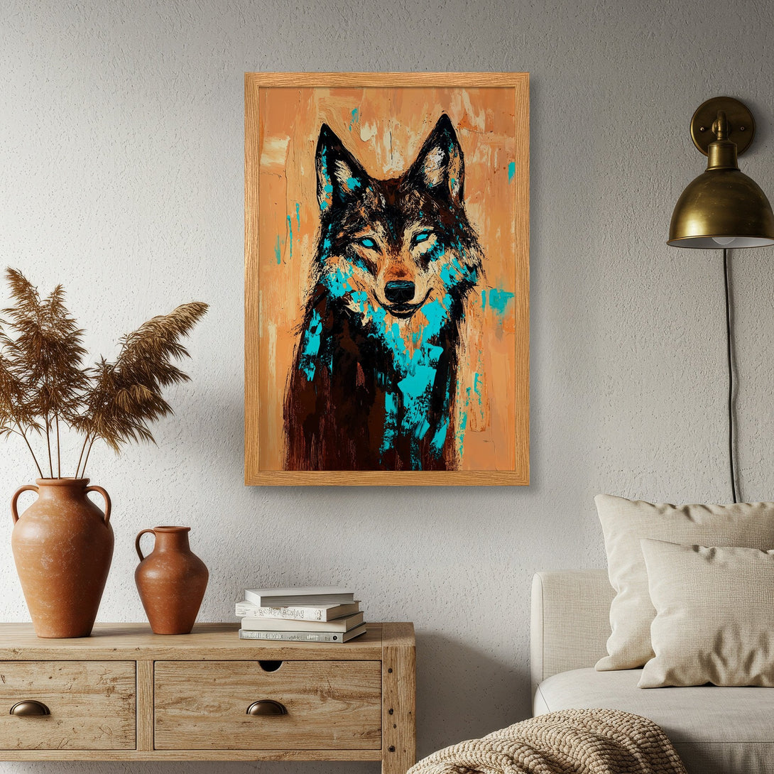 Framed Poster featuring a wolf in an abstract style with teal and brown tones. Perfect wall art for a modern home.