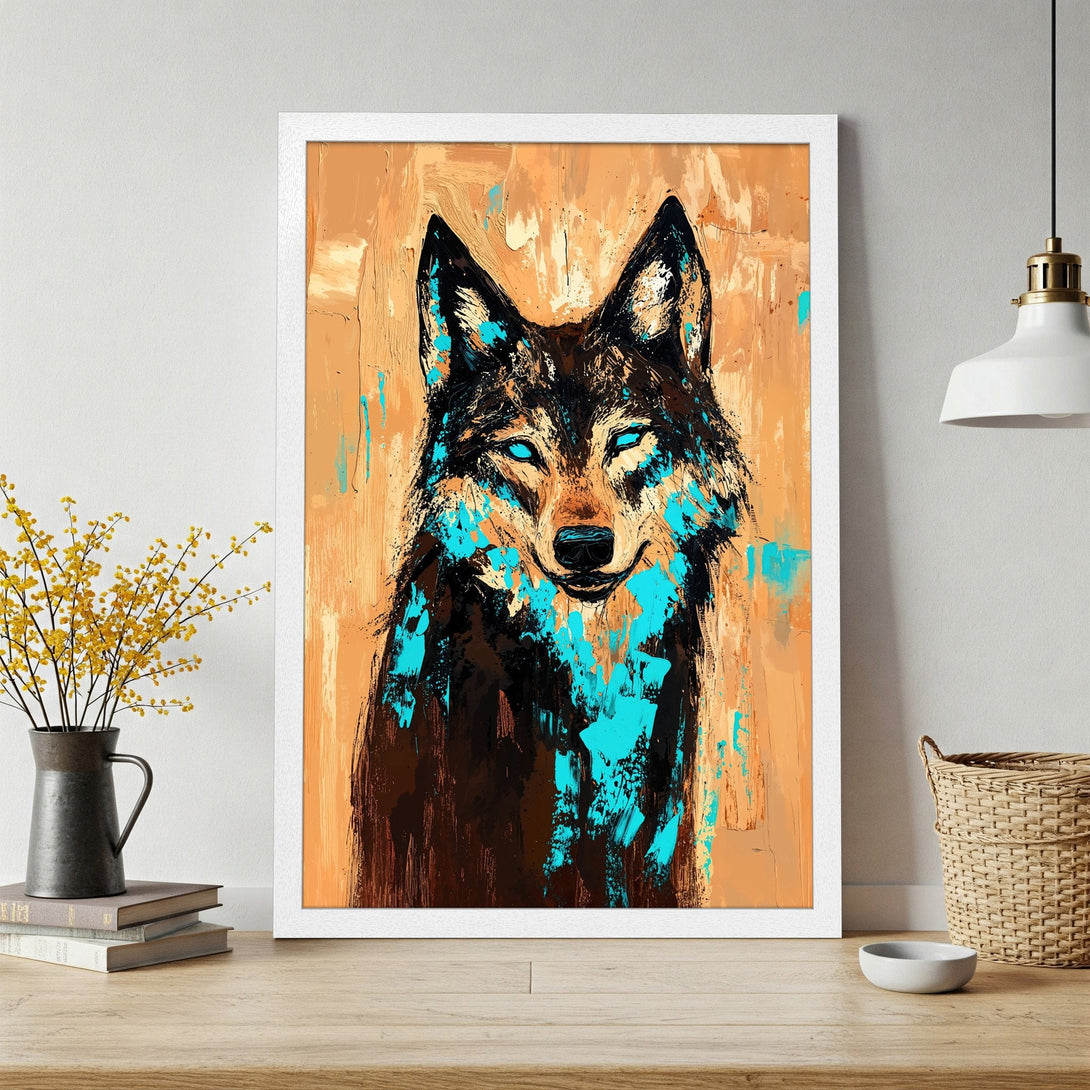 Framed Poster featuring a wolf in abstract art style with brown, teal, and orange color palette. Perfect wall art!