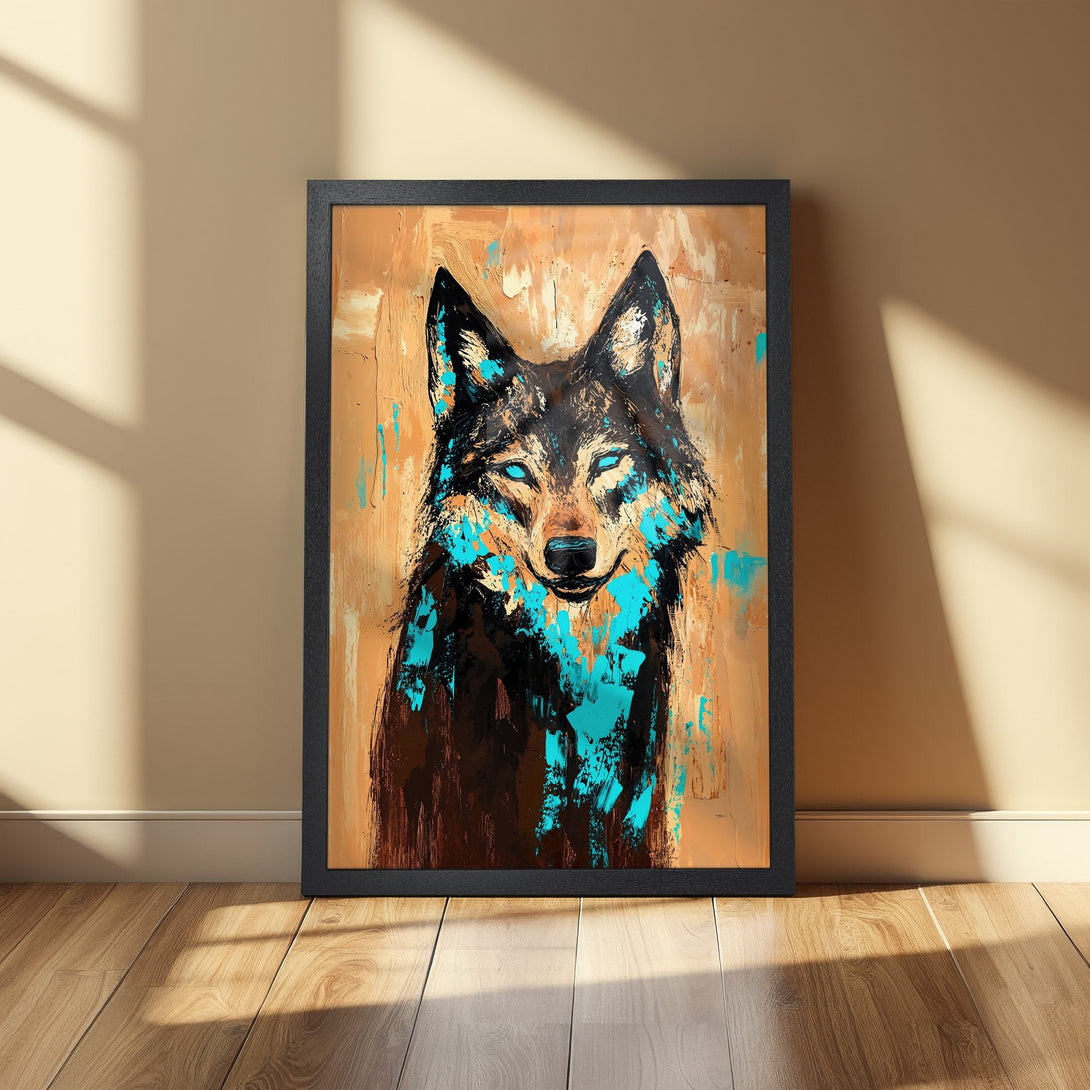Framed Poster: Abstract wolf art in brown, teal, and beige tones. Modern style wall art for your home decor.