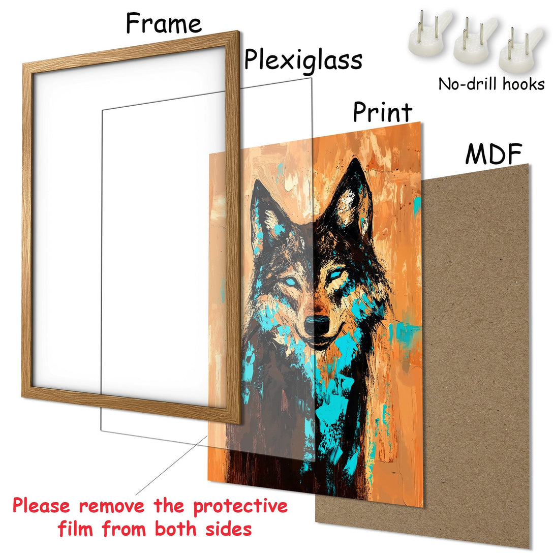 Framed Poster featuring a wolf in an abstract style with teal and orange hues. Add a touch of wild to your decor!