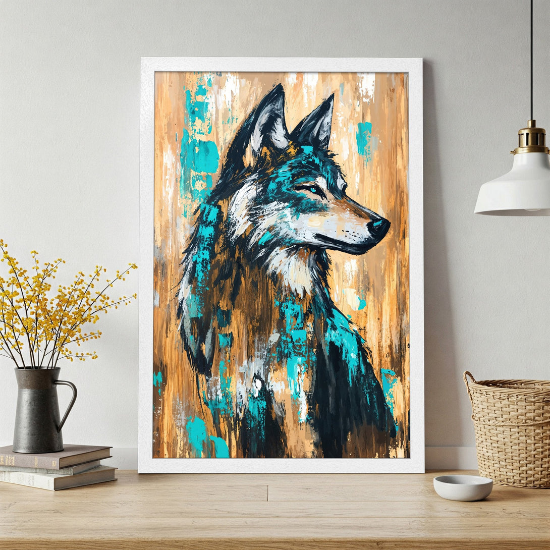 Framed Poster of a wolf in an abstract style with teal, black, and gold color palette. Add this stunning art to your home!