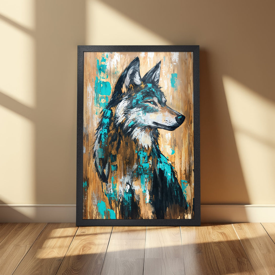 Framed Poster featuring a wolf in an abstract style with a teal, brown, and black color palette. Perfect wall art for modern home decor.