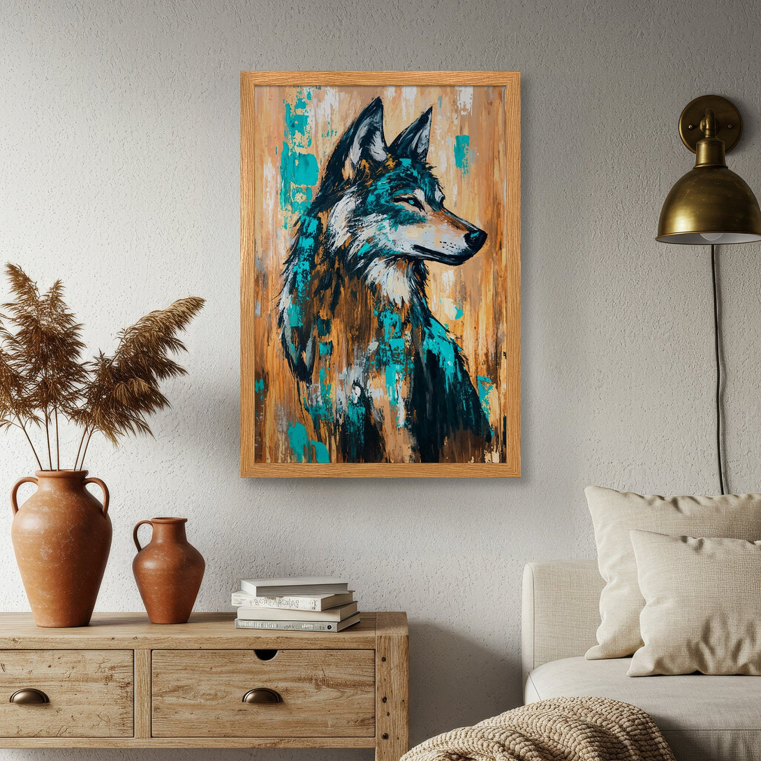 Framed Poster of a wolf in an abstract style with teal and brown tones. Add a touch of wilderness to your home!