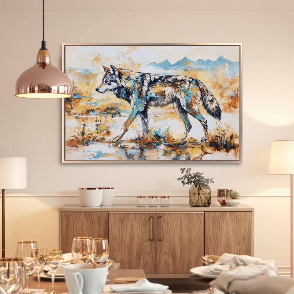 Framed Wall Art: Majestic wolf canvas print in a modern style. Features a warm color palette with blues and oranges, perfect for home decor.