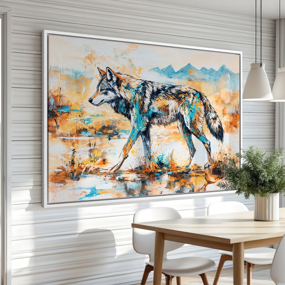 Framed Wall Art: Abstract wolf painting in a modern style with a vibrant teal and orange color palette. Bring nature indoors with this stunning canvas print.
