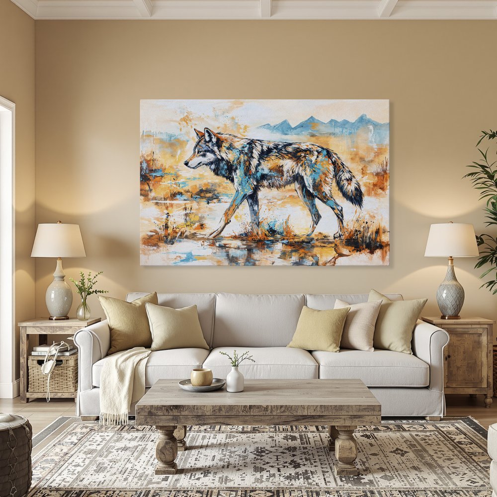 Framed Wall Art: Majestic wolf painting in vibrant teal and orange hues. Modern art canvas print adds a touch of wilderness to any room.