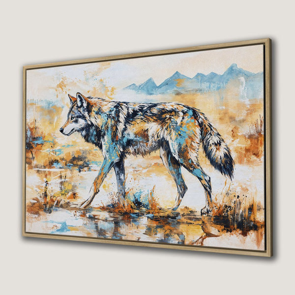 Canvas Print of a majestic wolf in watercolor style, featuring a warm, earthy palette with blue accents. Perfect for adding a touch of nature to your decor.