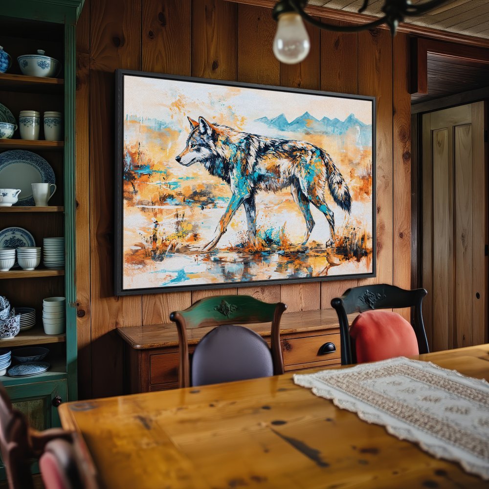 Framed Wall Art: Colorful wolf painting in a rustic interior. Abstract style with blue, orange, and teal hues. Perfect for adding a touch of nature.