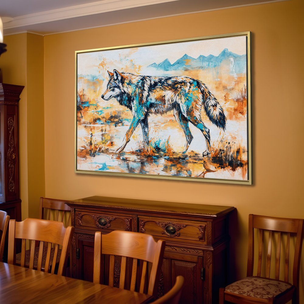 Canvas Print of a wolf in a modern, abstract style with a warm, earthy color palette. Perfect wall art for your living room!