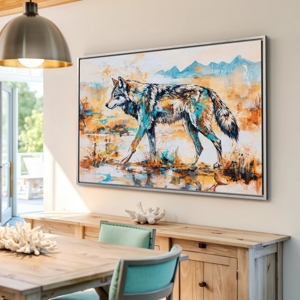 Framed Wall Art: Abstract wolf painting in vibrant teal and orange hues. Modern canvas print adds a touch of nature and style to any space.