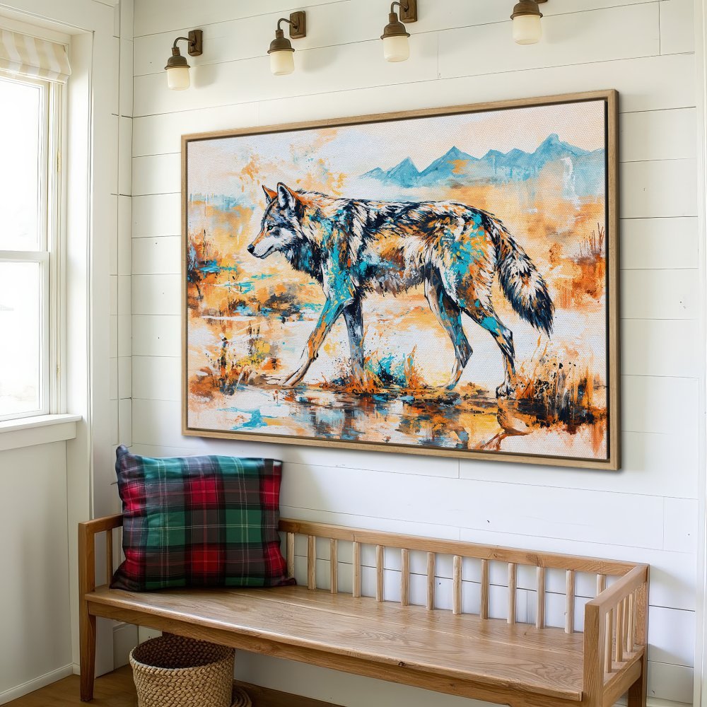 Framed Wall Art: Abstract wolf painting in vibrant teal & orange hues. Modern canvas print adds artistic flair to any space.