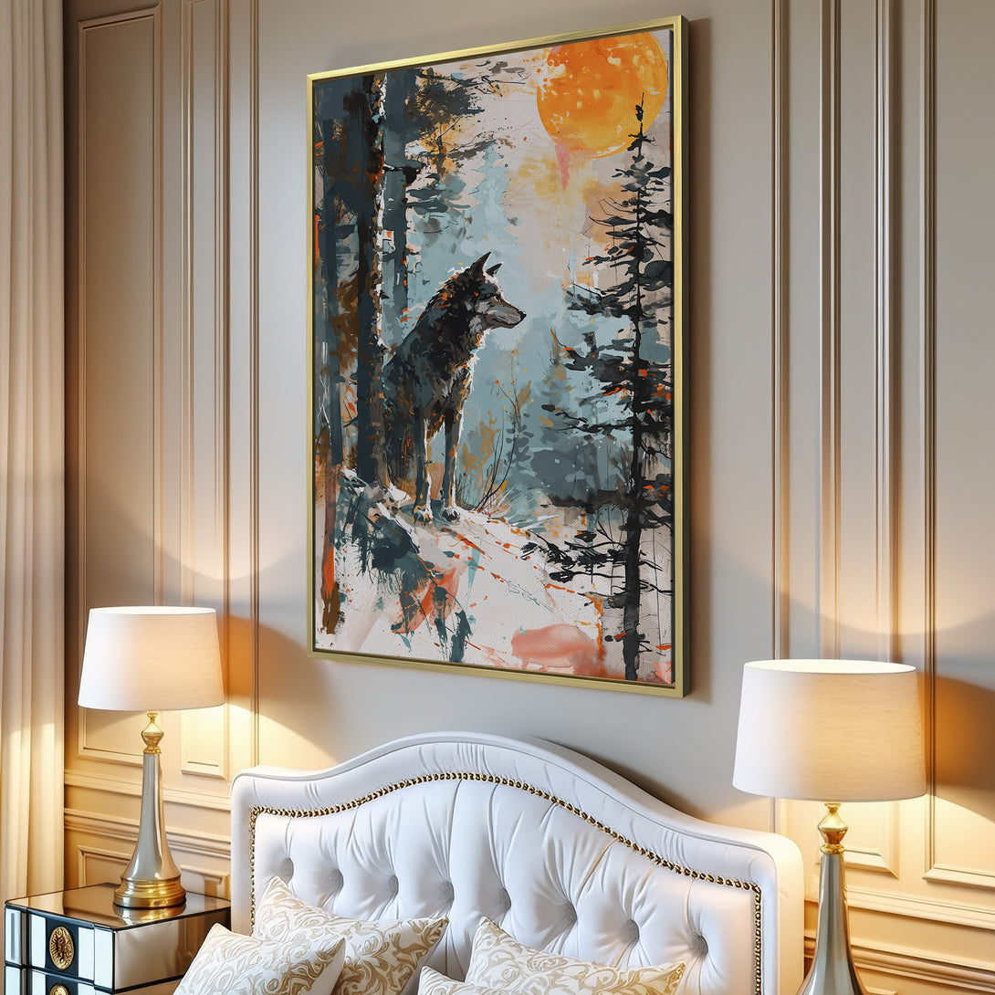 Canvas Print of a wolf in a forest with orange and teal color palette, perfect for modern home decor.