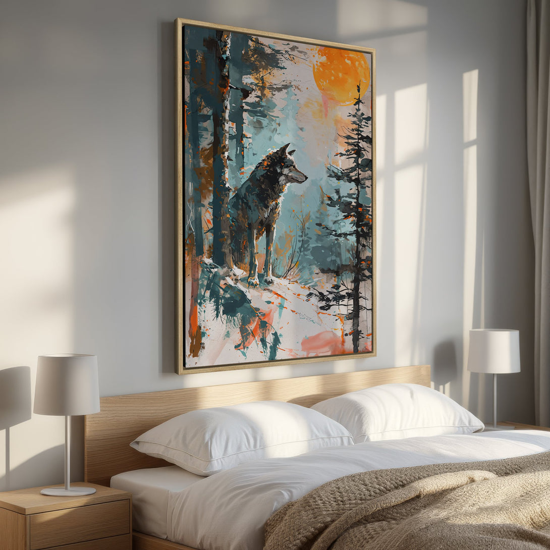 Framed Wall Art: Majestic wolf in a forest scene, abstract style with teal, orange, and brown tones. Perfect for adding a touch of nature to your bedroom.