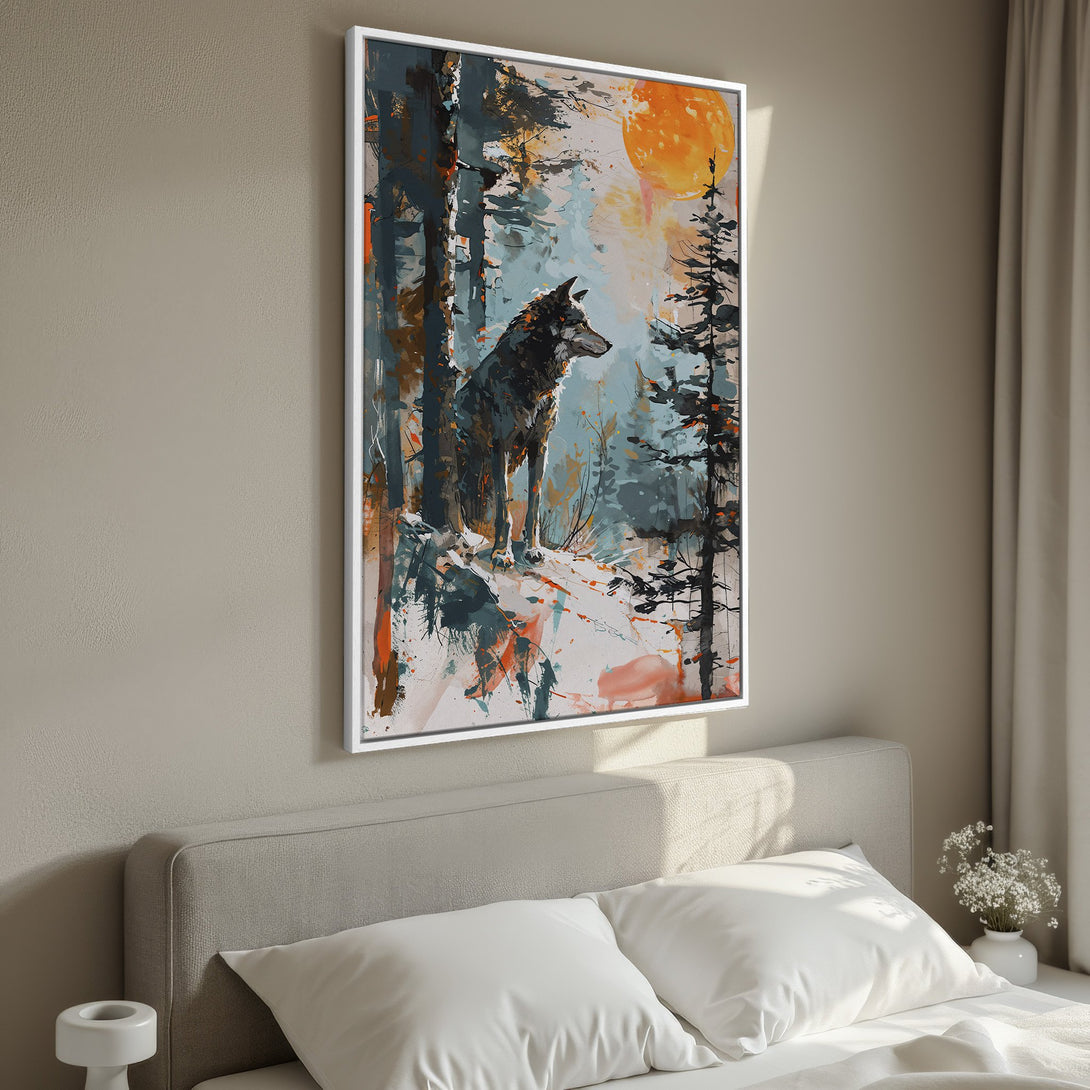 Framed Wall Art: Abstract wolf painting with teal, orange, and neutral tones. Modern art for your home decor. Enhance your space with this stunning canvas print.