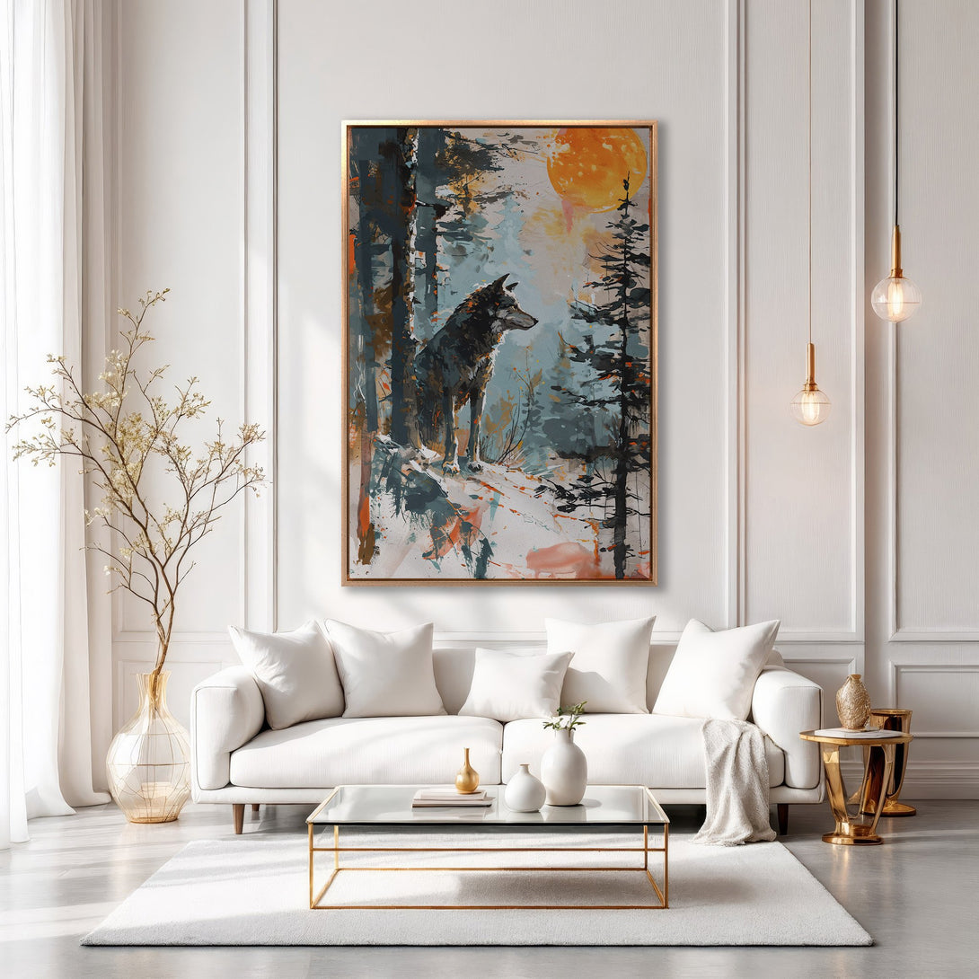 Framed Wall Art: Majestic wolf in a forest scene, abstract style with teal, orange, and brown tones. Perfect for adding a touch of nature to your home.