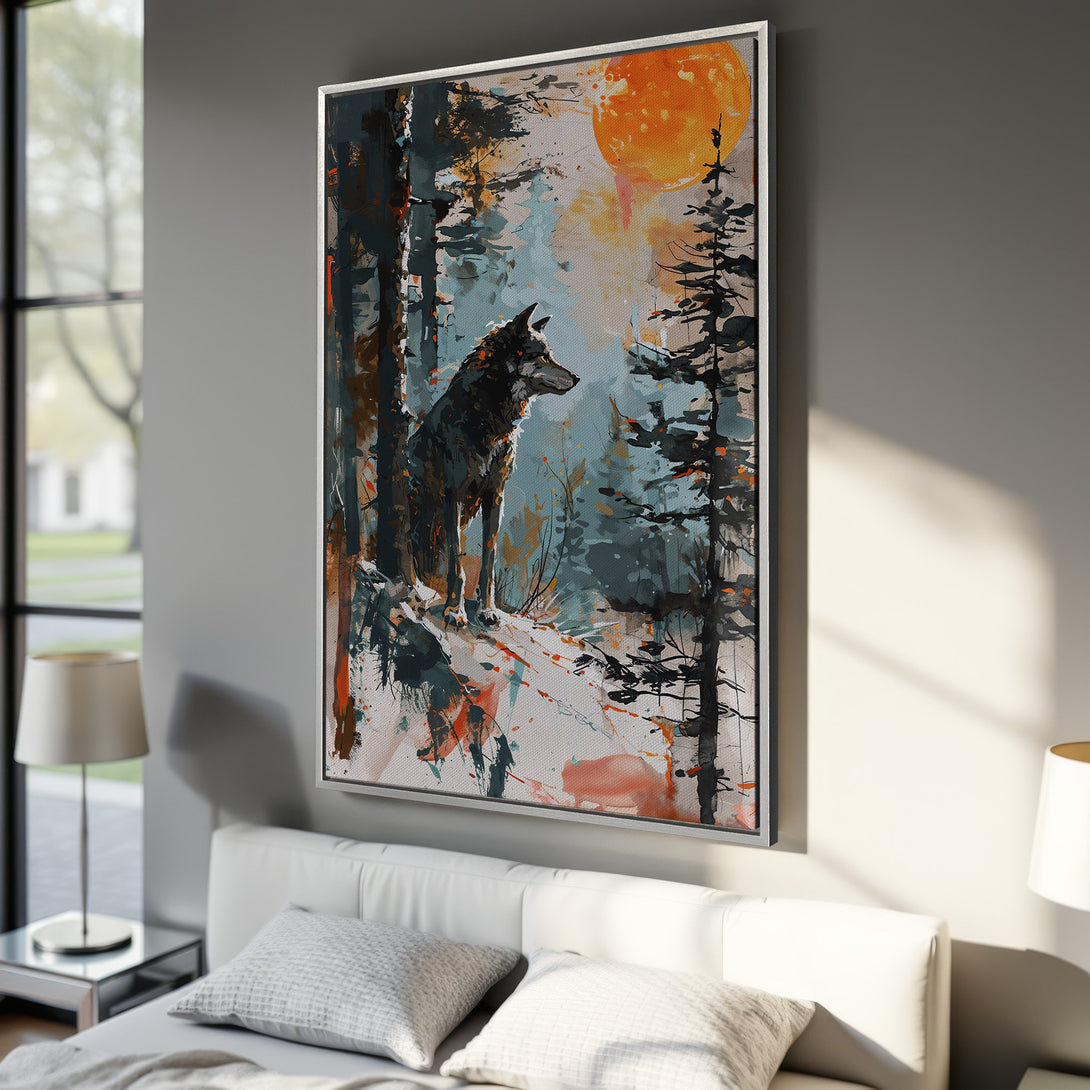 Framed Wall Art: Abstract wolf in forest painting with orange, teal, and black color palette. Perfect for modern home decor. Shop now!