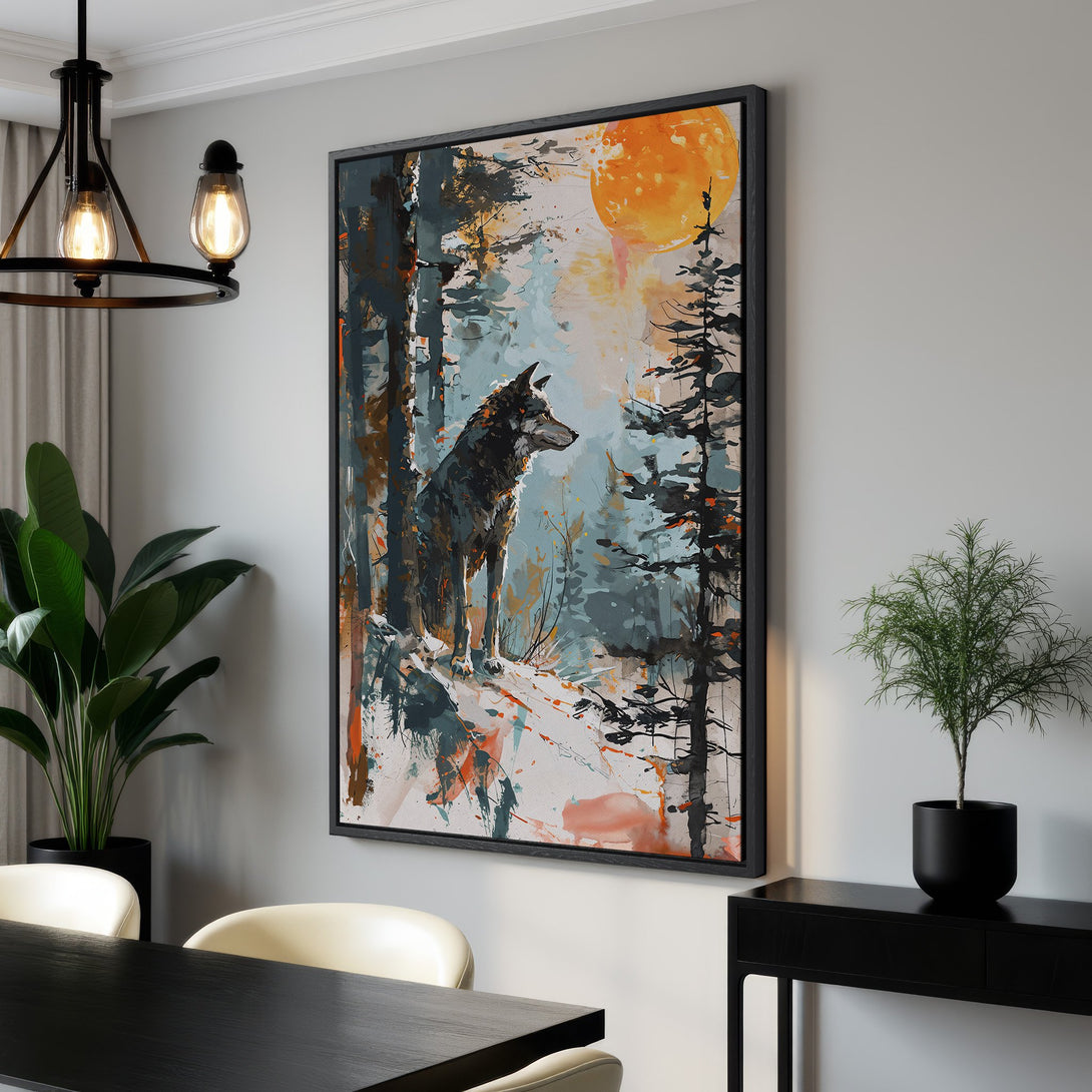 Framed Wall Art featuring a wolf in a forest scene with a vibrant orange and teal color palette. Modern abstract style, perfect for home decor.