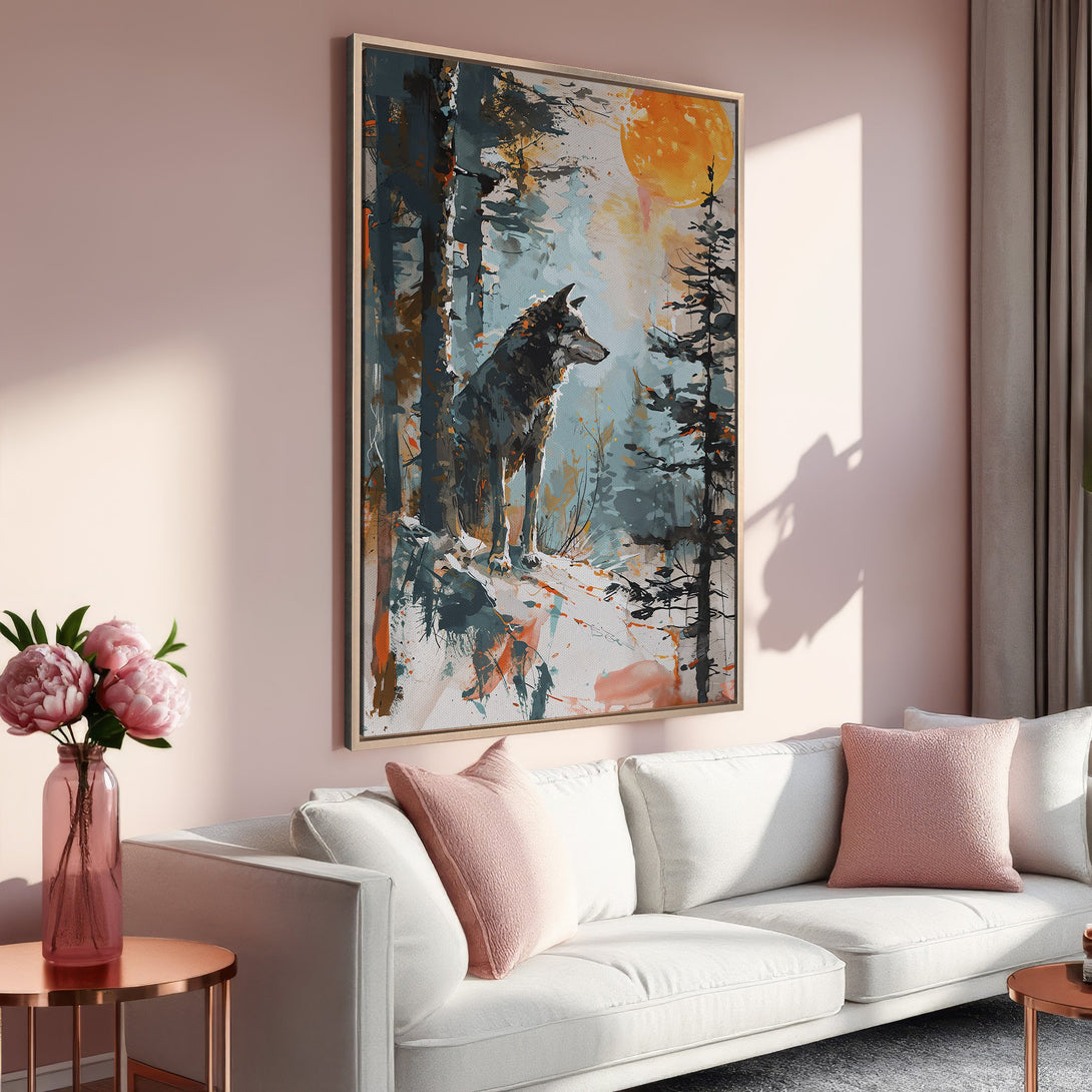 Framed Wall Art: Abstract wolf in forest, warm color palette of orange, teal, and brown. Perfect for living room decor. Enhance your space!