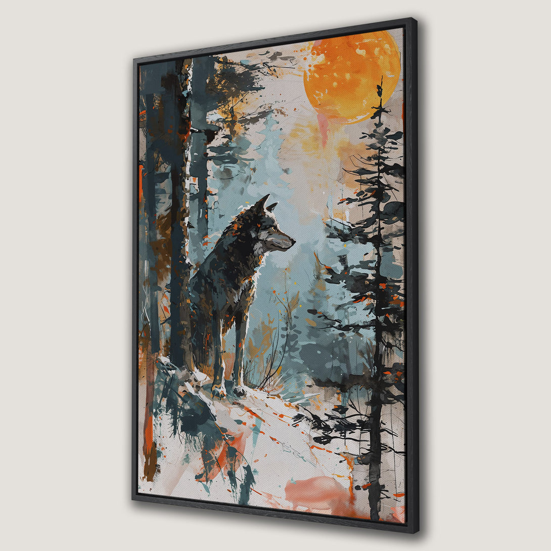 Framed Wall Art: Majestic wolf in a forest scene, watercolor style with teal, orange, and black hues. Bring nature's beauty indoors!