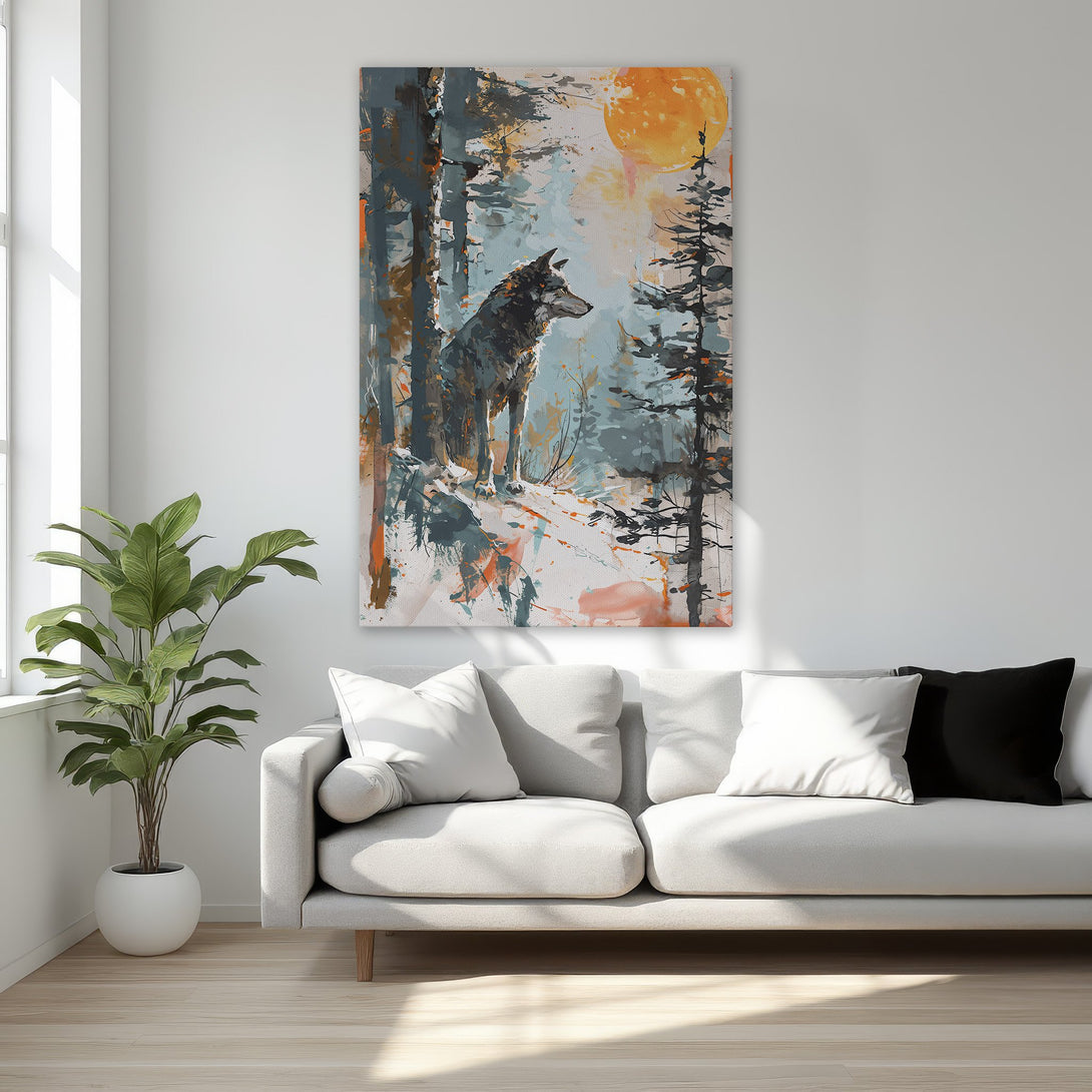 Framed Wall Art: Abstract wolf print in a forest scene with teal, orange, and brown tones. Adds a touch of nature and elegance to any room.