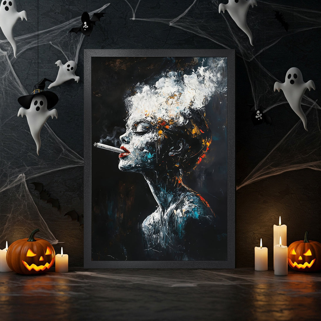 Framed Poster featuring a woman smoking, abstract style, dark & moody color palette. Perfect Halloween decor!