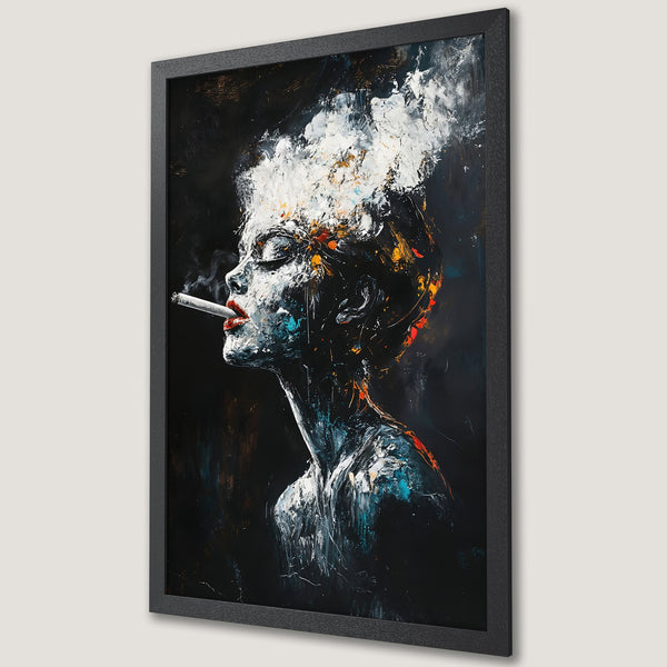 Framed Poster: Abstract art of woman smoking, dark color palette with white, black, and red accents. Modern wall art for home decor.