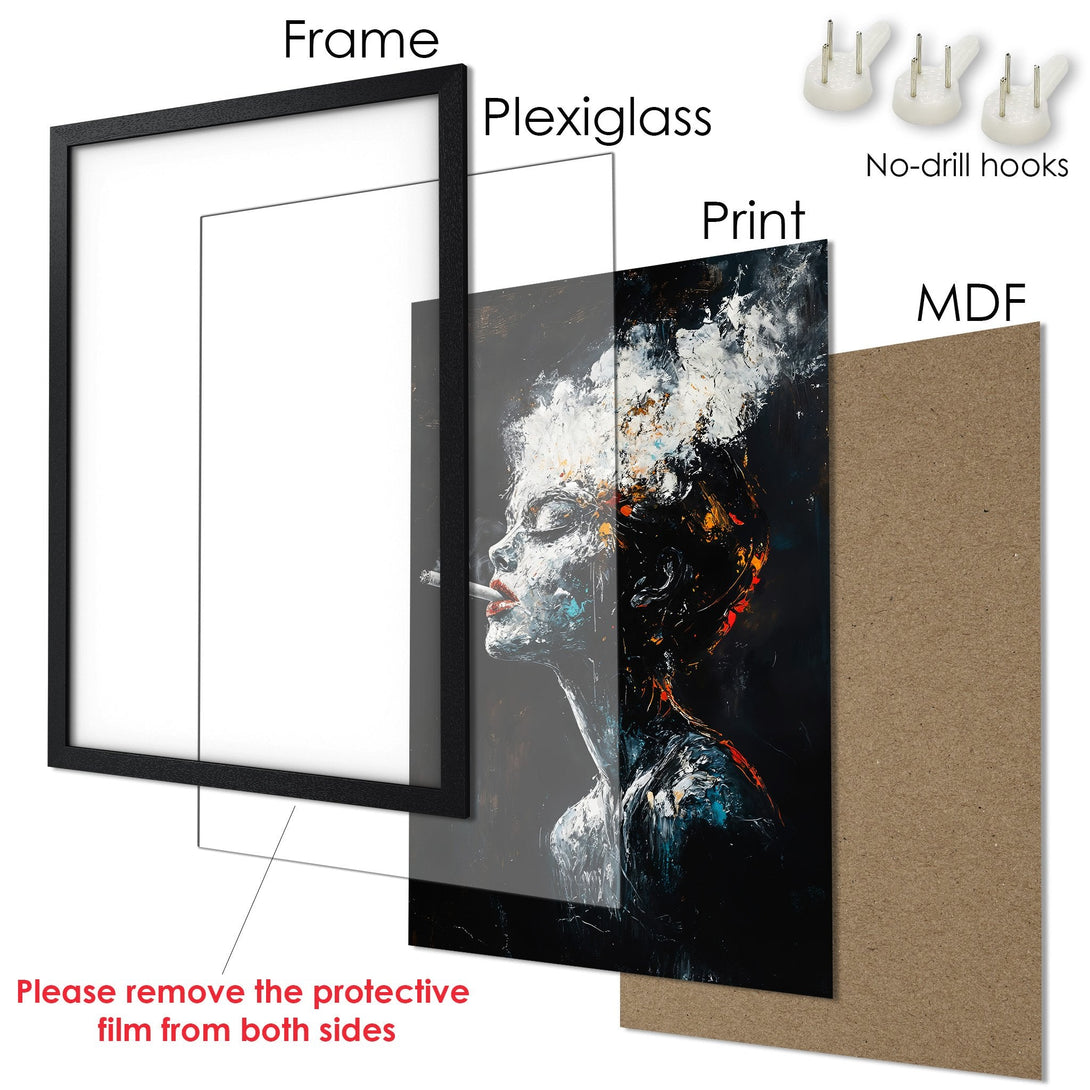 Framed Poster featuring an abstract portrait in a dark, moody style with a black, white, and red color palette. Ready to hang!