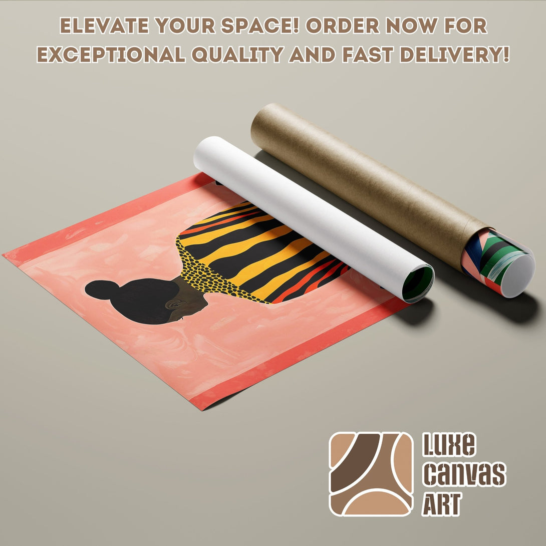 Poster Roll with African art. Modern style with warm peach, yellow, and black color palette. Elevate your space with Luxe Canvas Art!