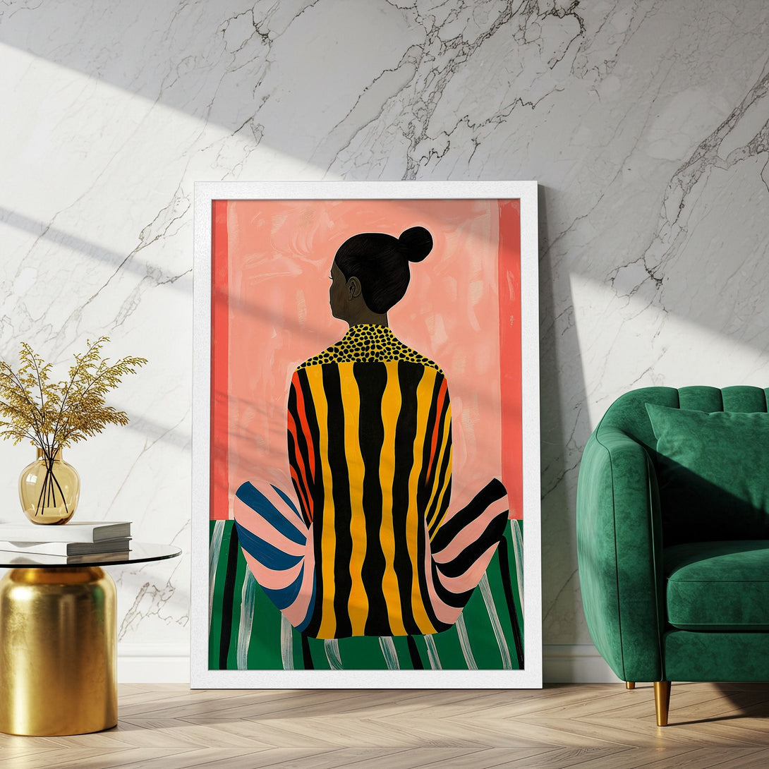 Framed Poster: Abstract art print featuring a woman in colorful stripes. Bold, modern style with a vibrant pink, yellow, and green color palette. Perfect wall decor.