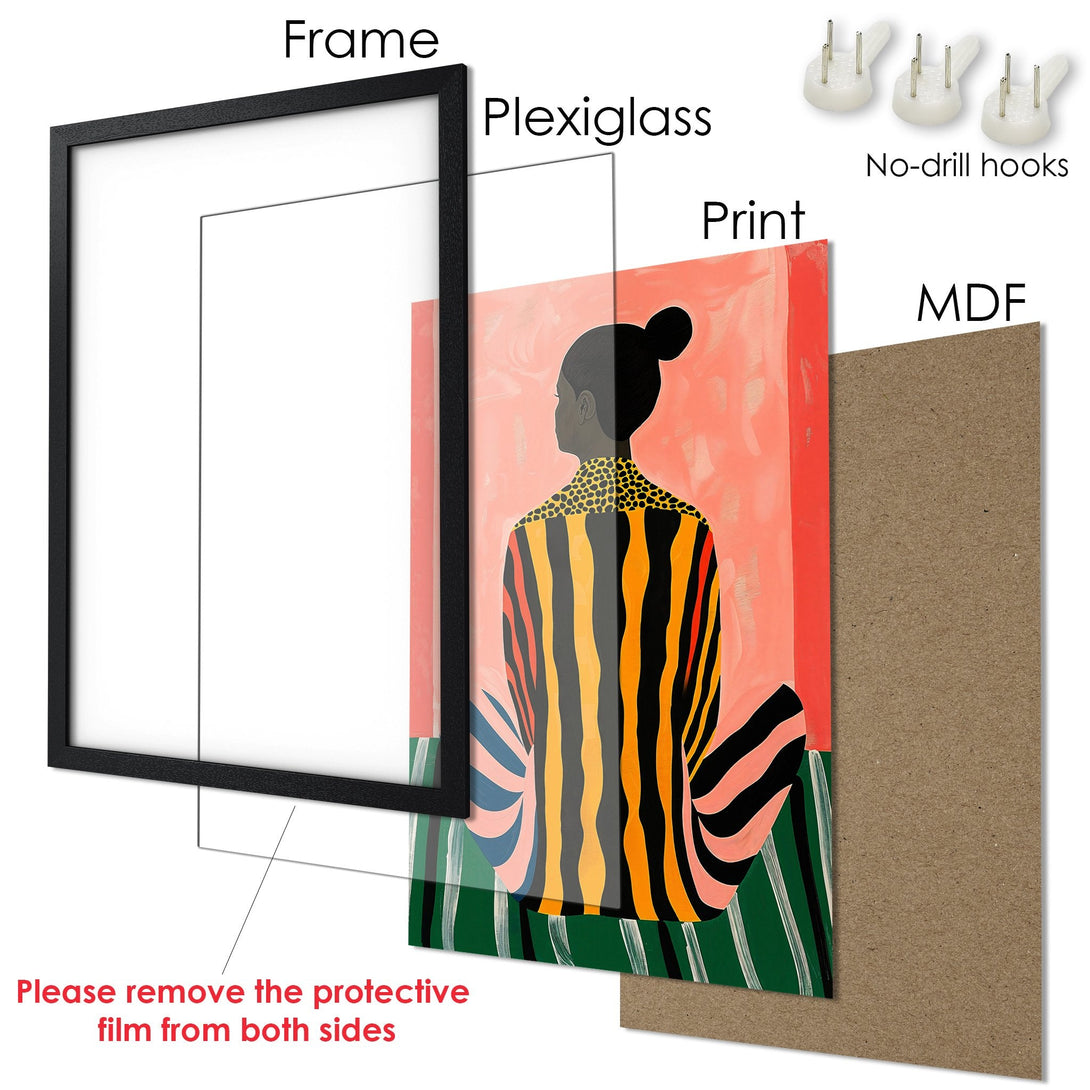 Framed Poster featuring a woman in colorful abstract art. Bold style with coral, black, and green palette. Ready to hang!