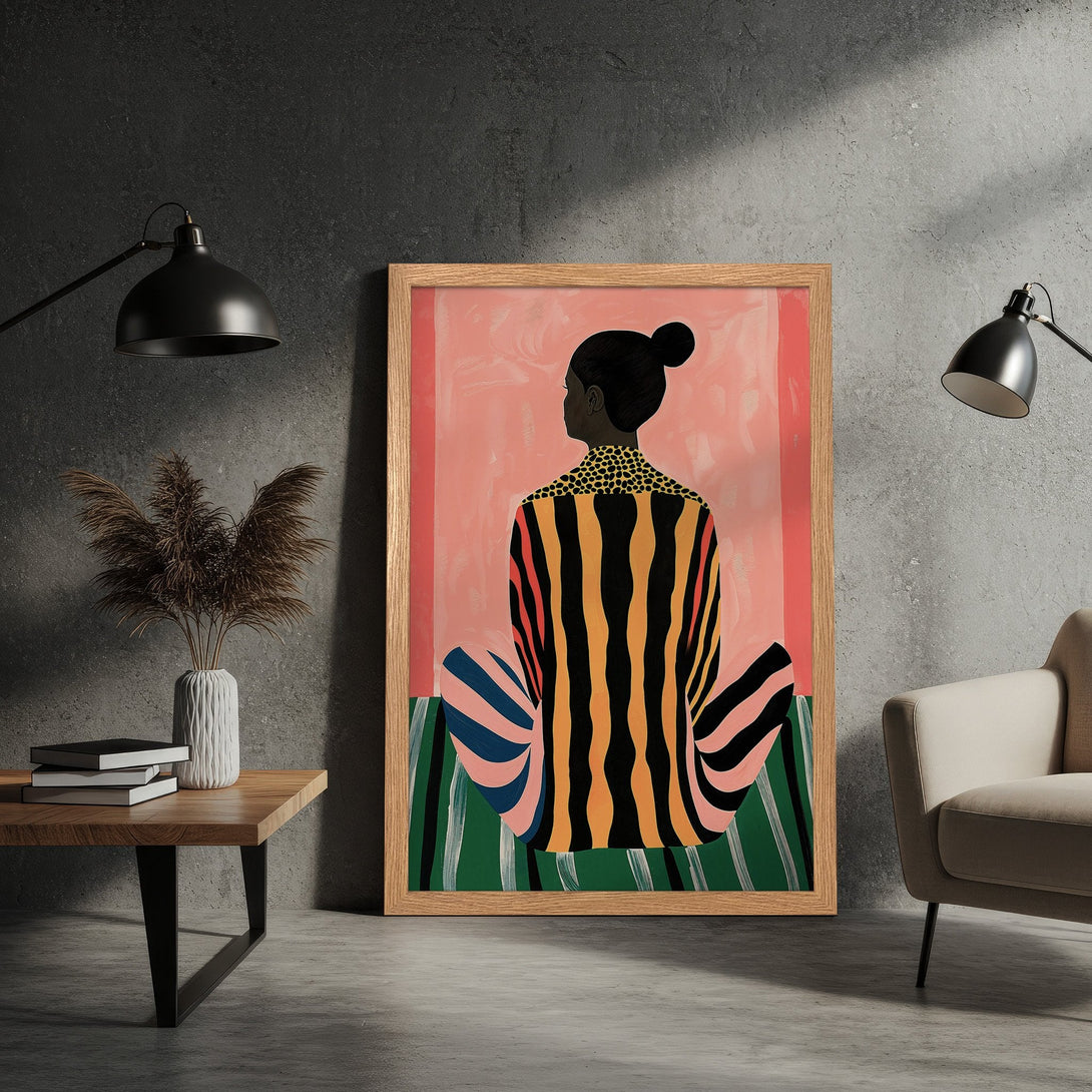 Framed Poster featuring a woman in colorful striped clothing, modern art style, with a warm color palette. Perfect wall decor!